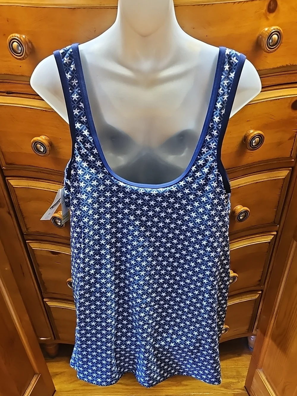 Lands' End Navy and White Floral Swim Dress